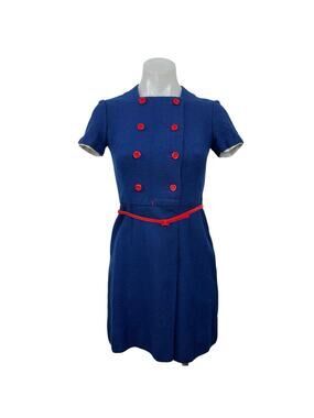 Vintage Lanz Blue Short Sleeve Double Breasted Retro Mini Sheath Dress Size M
